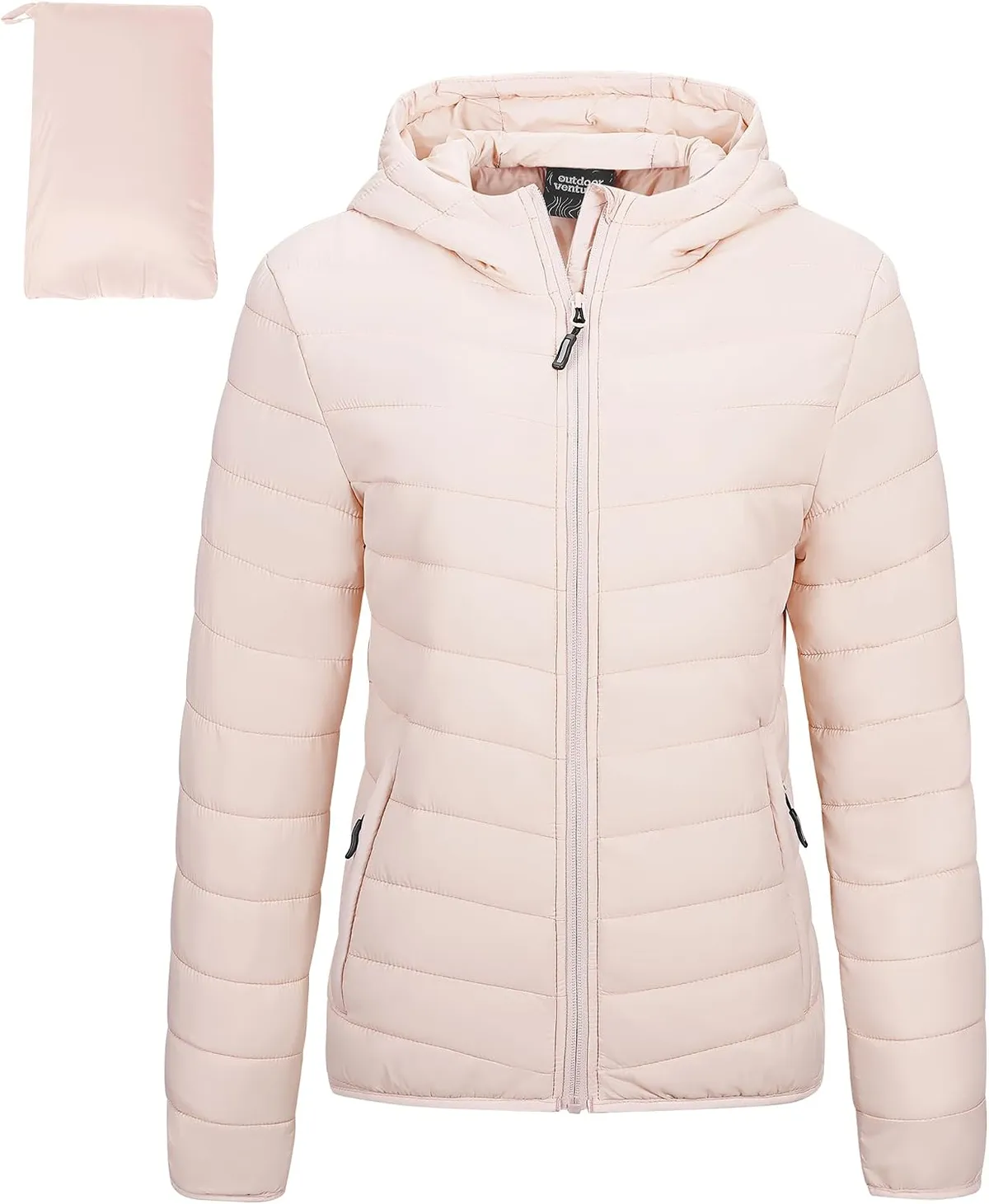 Outdoor Ventures Women's Packable Hooded Puffer Jacket in Pink (fold in pocket)