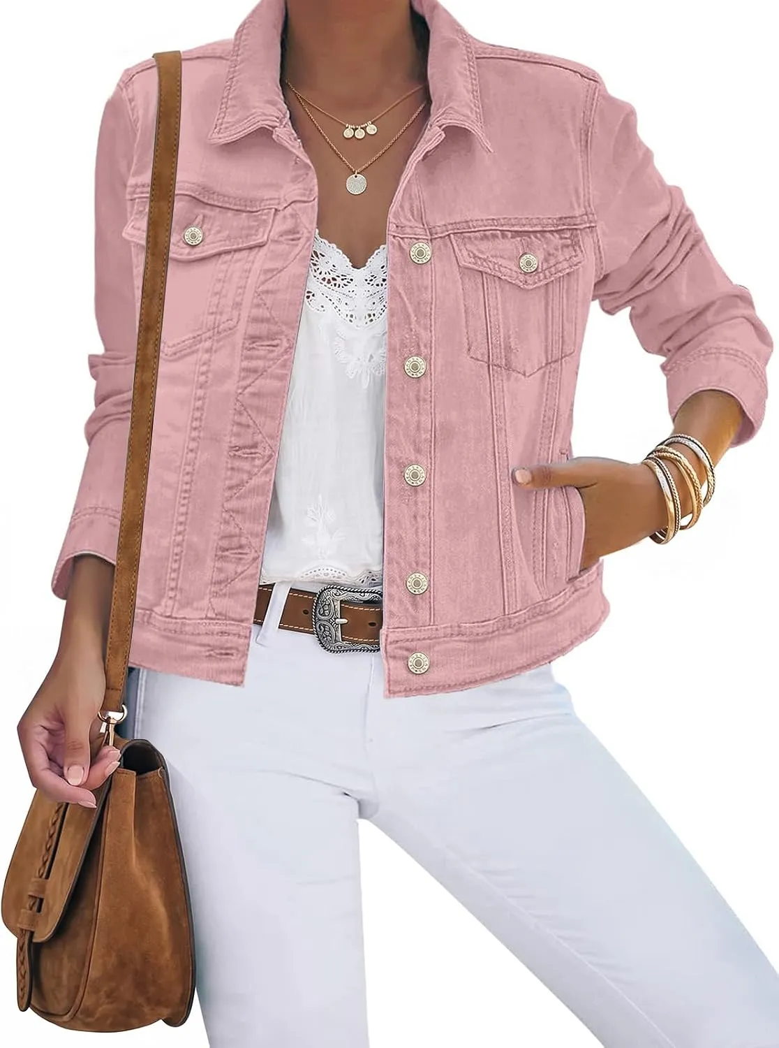 luvamia Women's Button-Down Stretch Denim Jacket in Pink