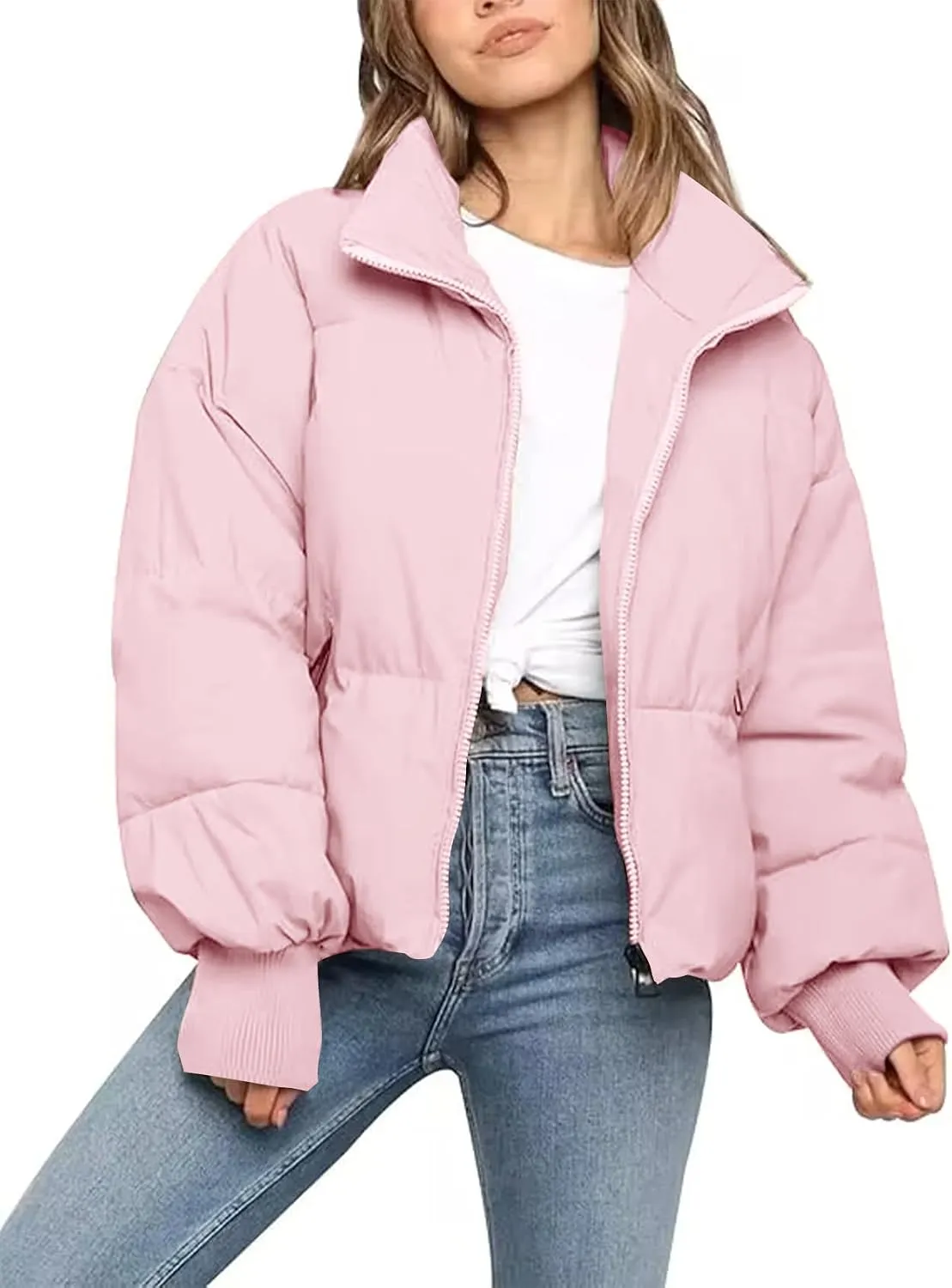 Flygo Women's Cropped Quilted Puffer Jacket in Pink