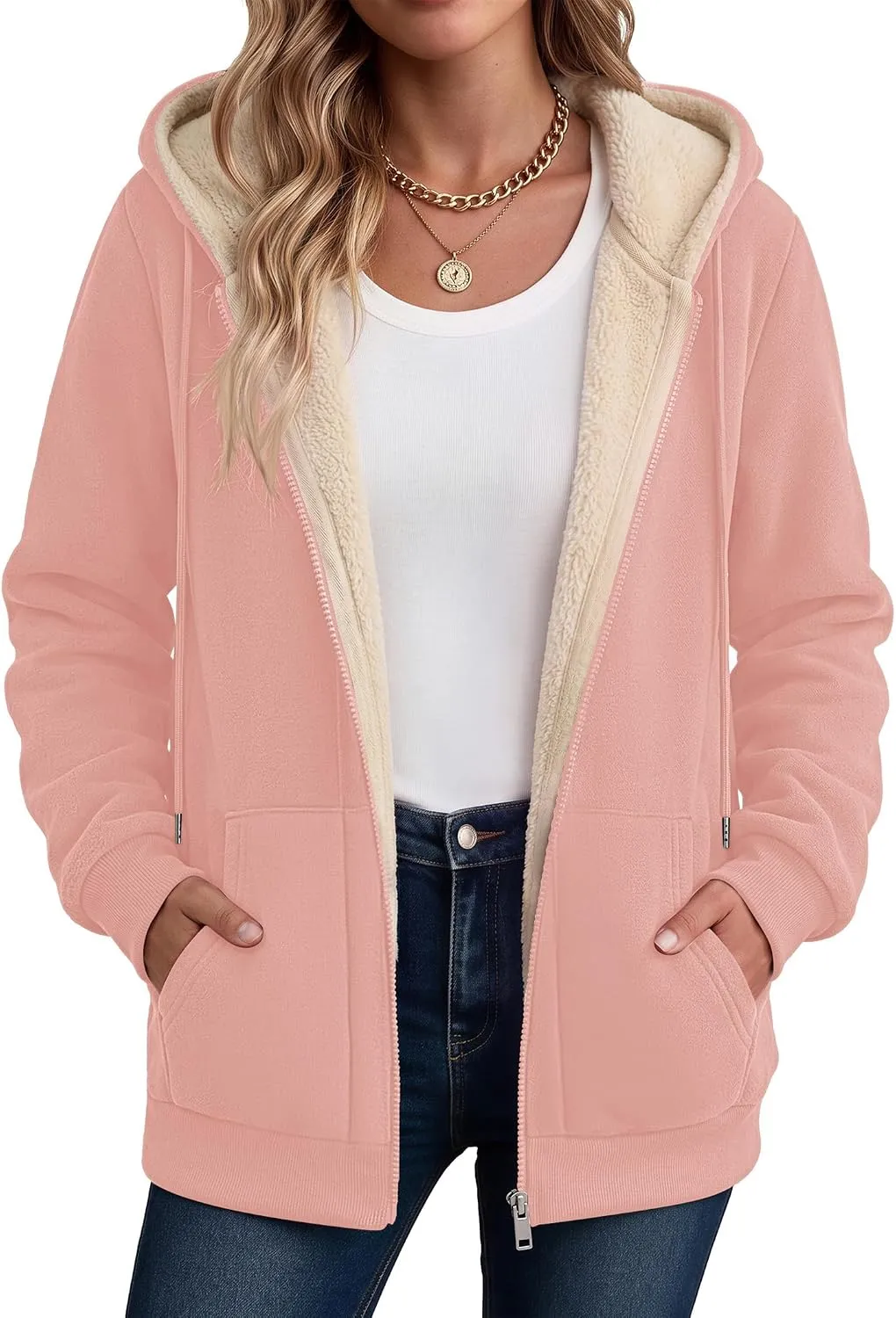 Zeagoo Women's Sherpa-Lined Full-Zip Hooded Jacket in Pink