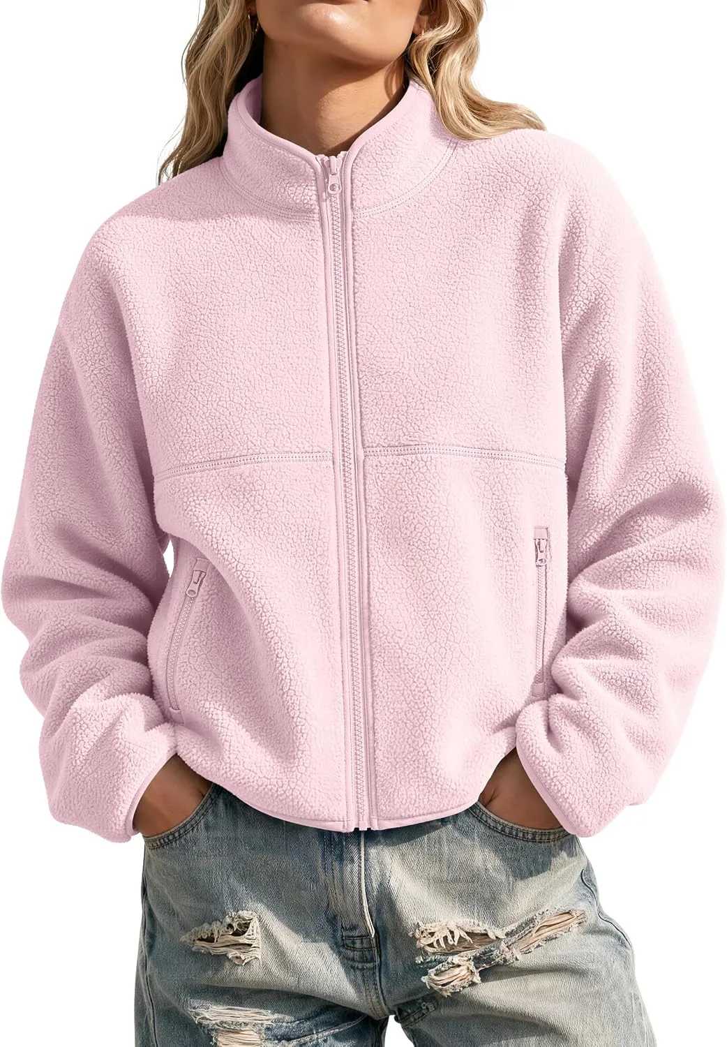 Trendy Queen Women's Full-Zip Sherpa Fleece Jacket in Pink