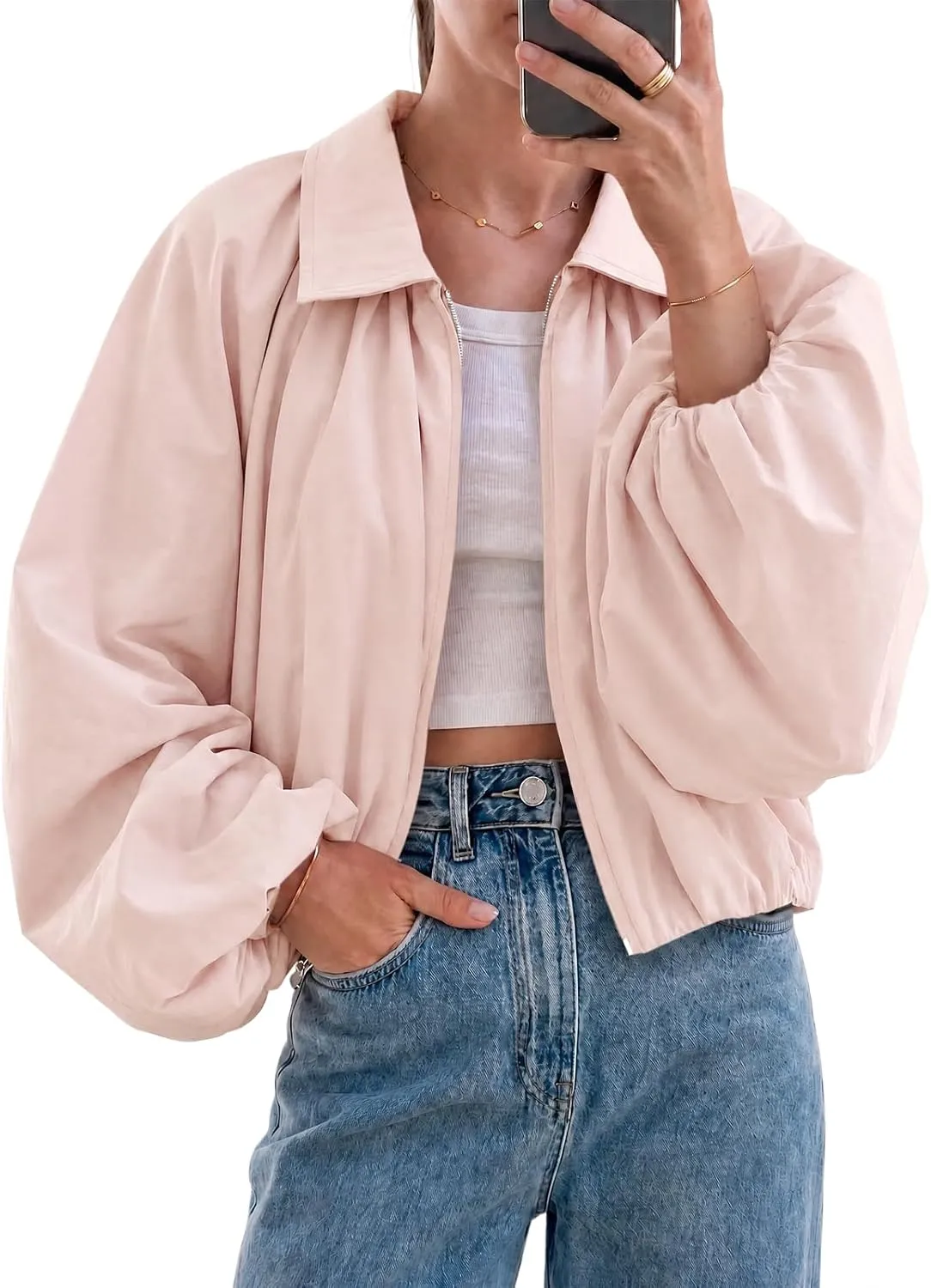 Tankaneo Women's Cropped Bubble-Hem Bomber Jacket in Pink