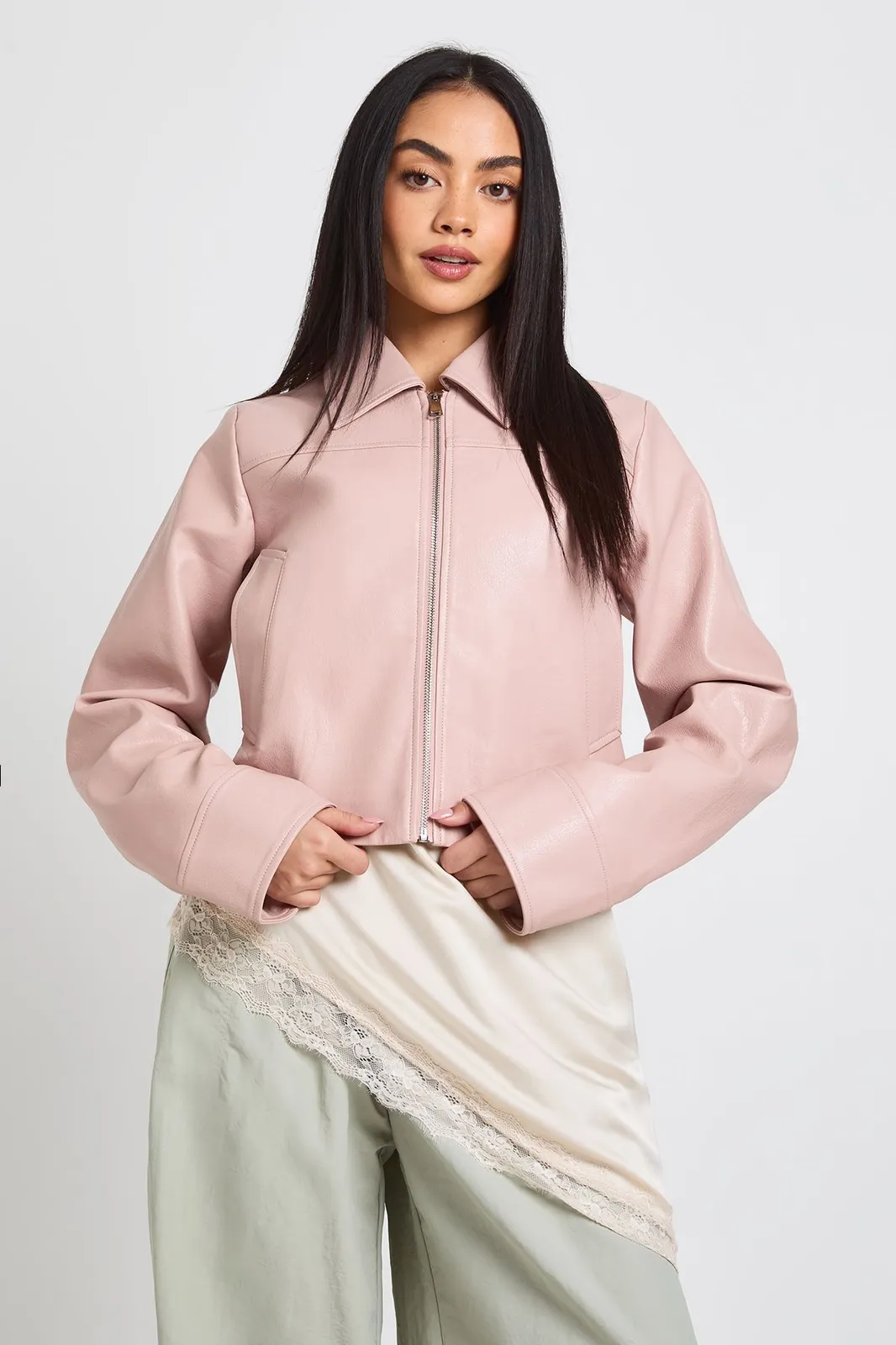 Boohoo faux leather zip jacket in pink