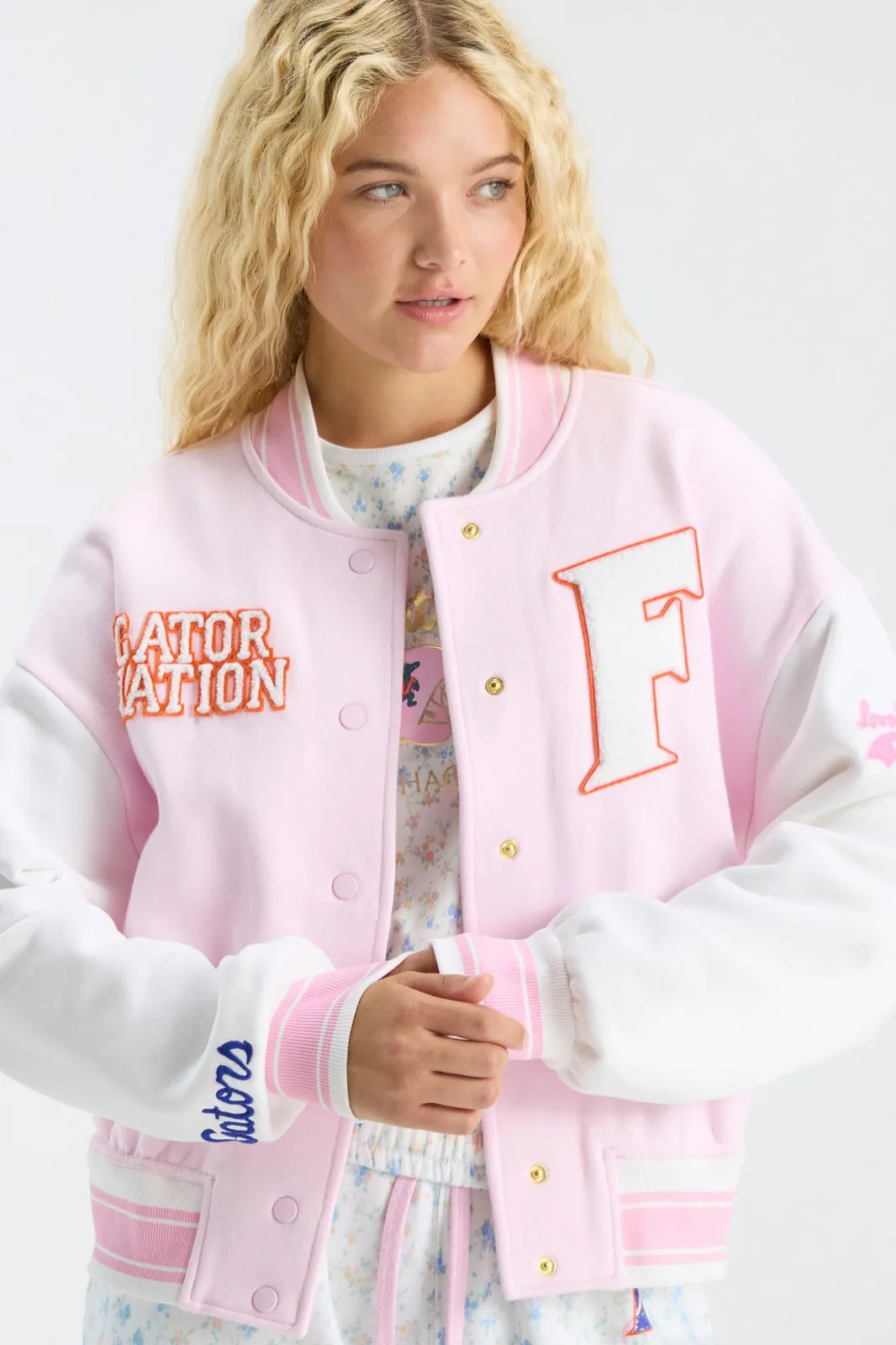 LoveShackFancy Fanatics x LoveShackFancy Collegiate Varsity Jacket in GATOR PINK