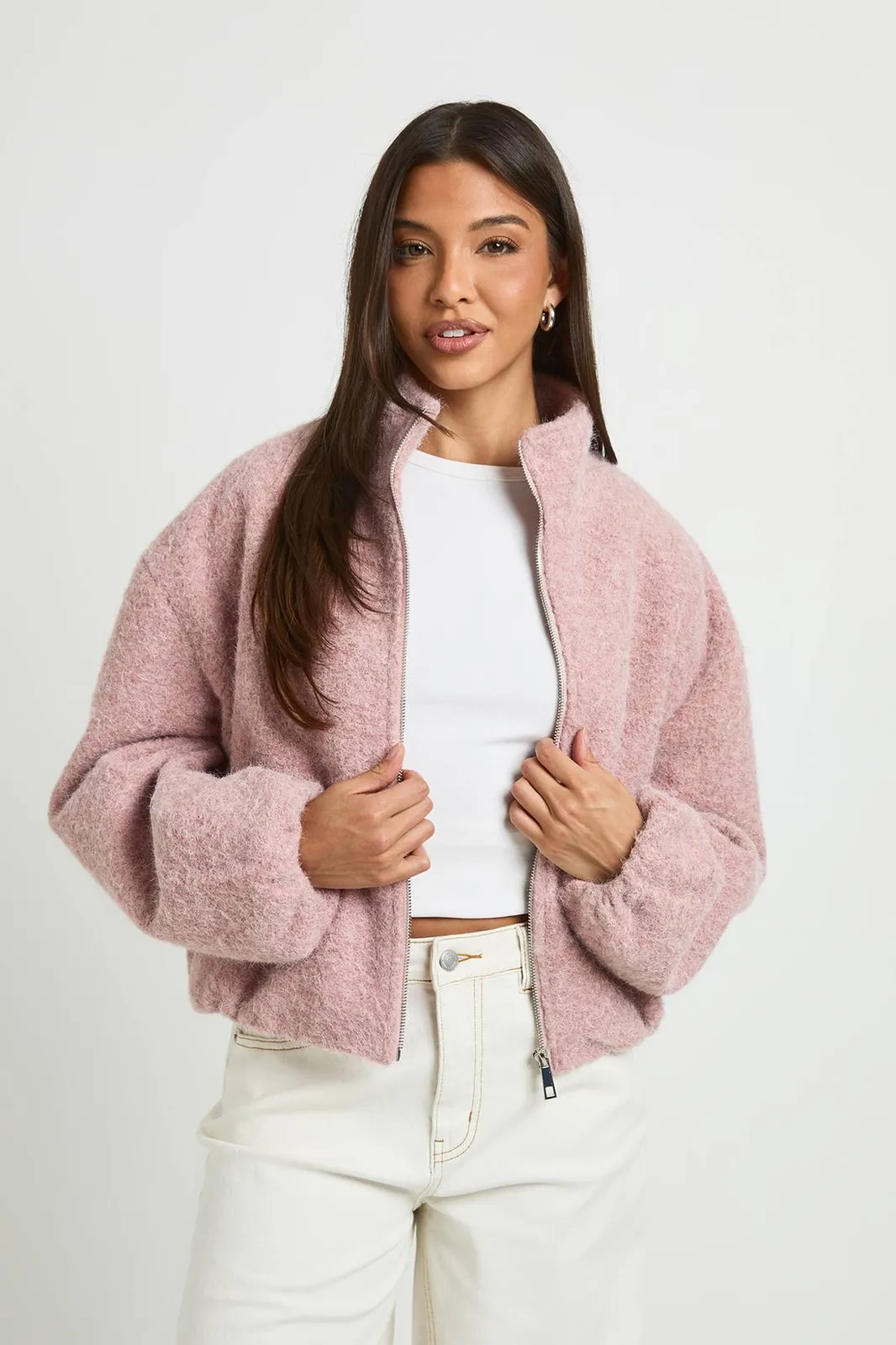 Boohoo Funnel Neck Wool Look Bomber Jacket in Dusky Pink