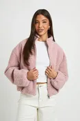 Boohoo Funnel Neck Wool Look Bomber Jacket in Dusky Pink