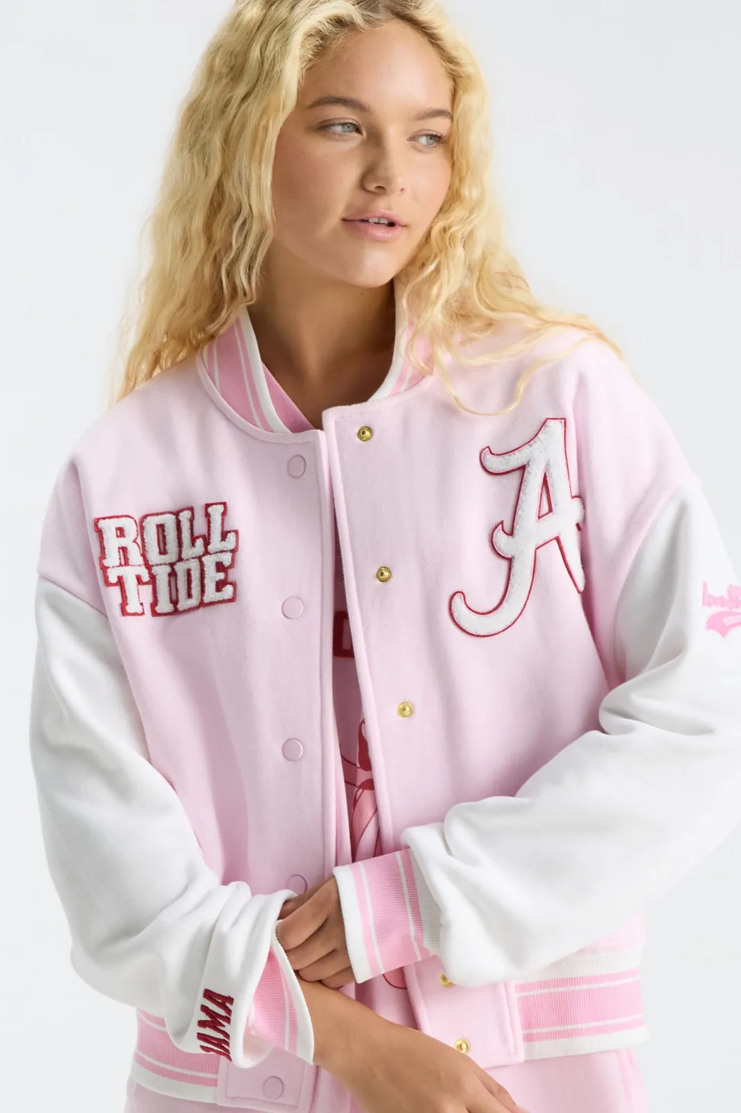 LoveShackFancy Fanatics x LoveShackFancy Collegiate Varsity Jacket in BAMA PINK
