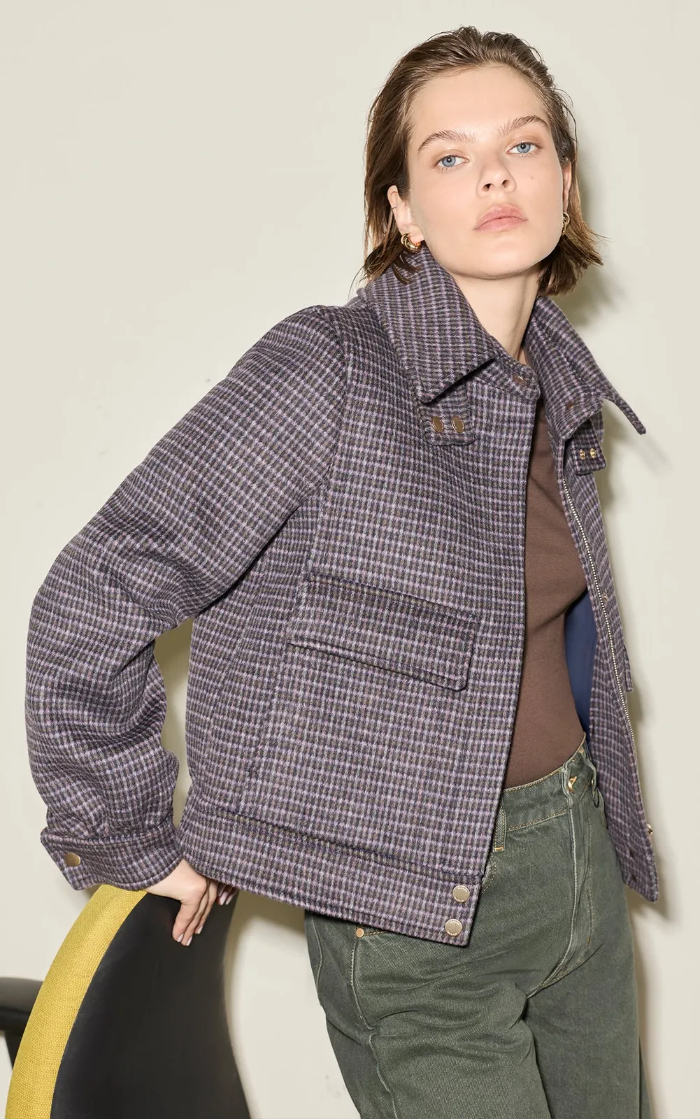 Soia & Kyo GENE-MC Bomber Blouson in Mini-Check Wool in Antique Rose