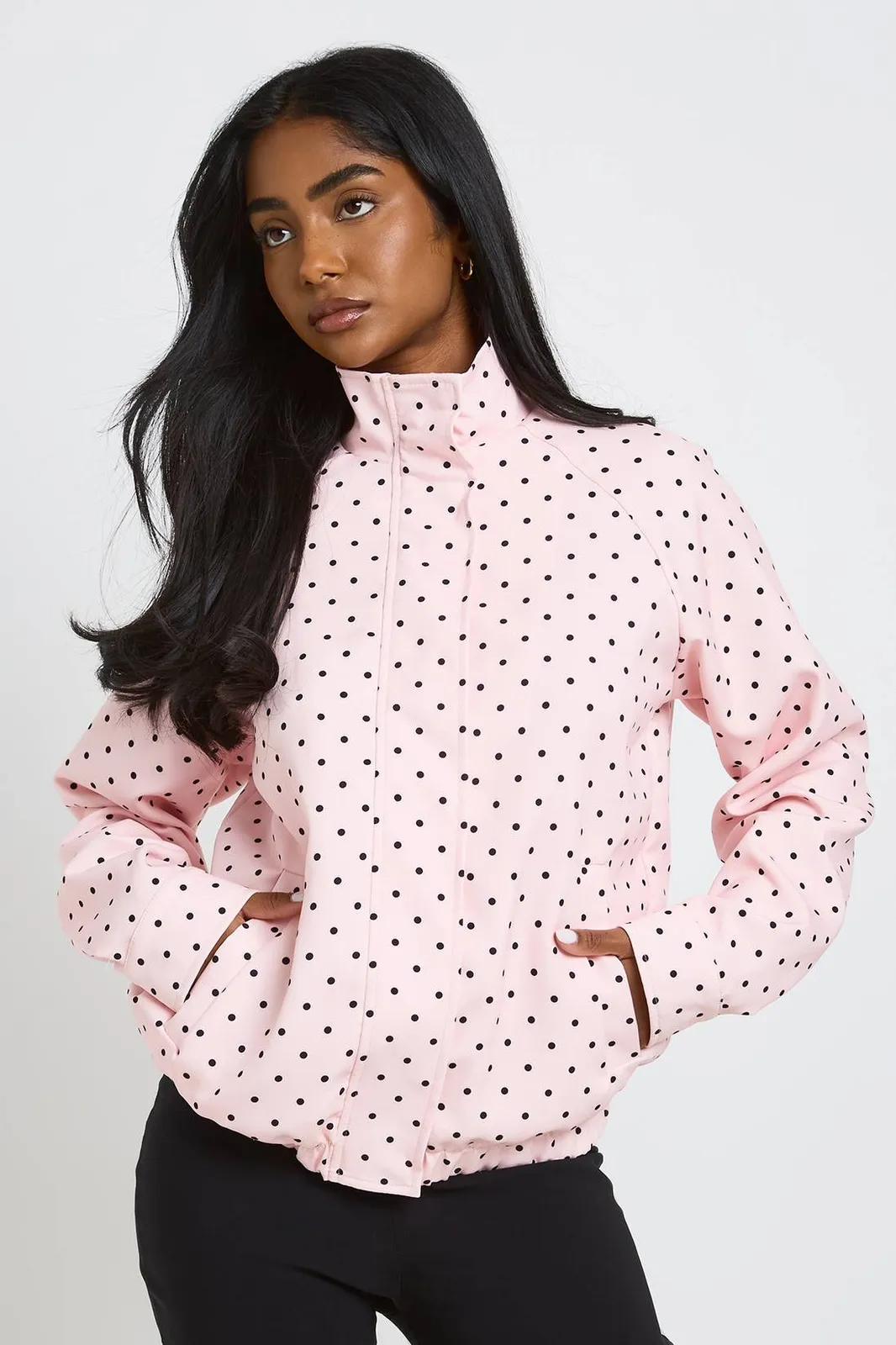 Boohoo Polka Dot Funnel Neck Jacket in Pink