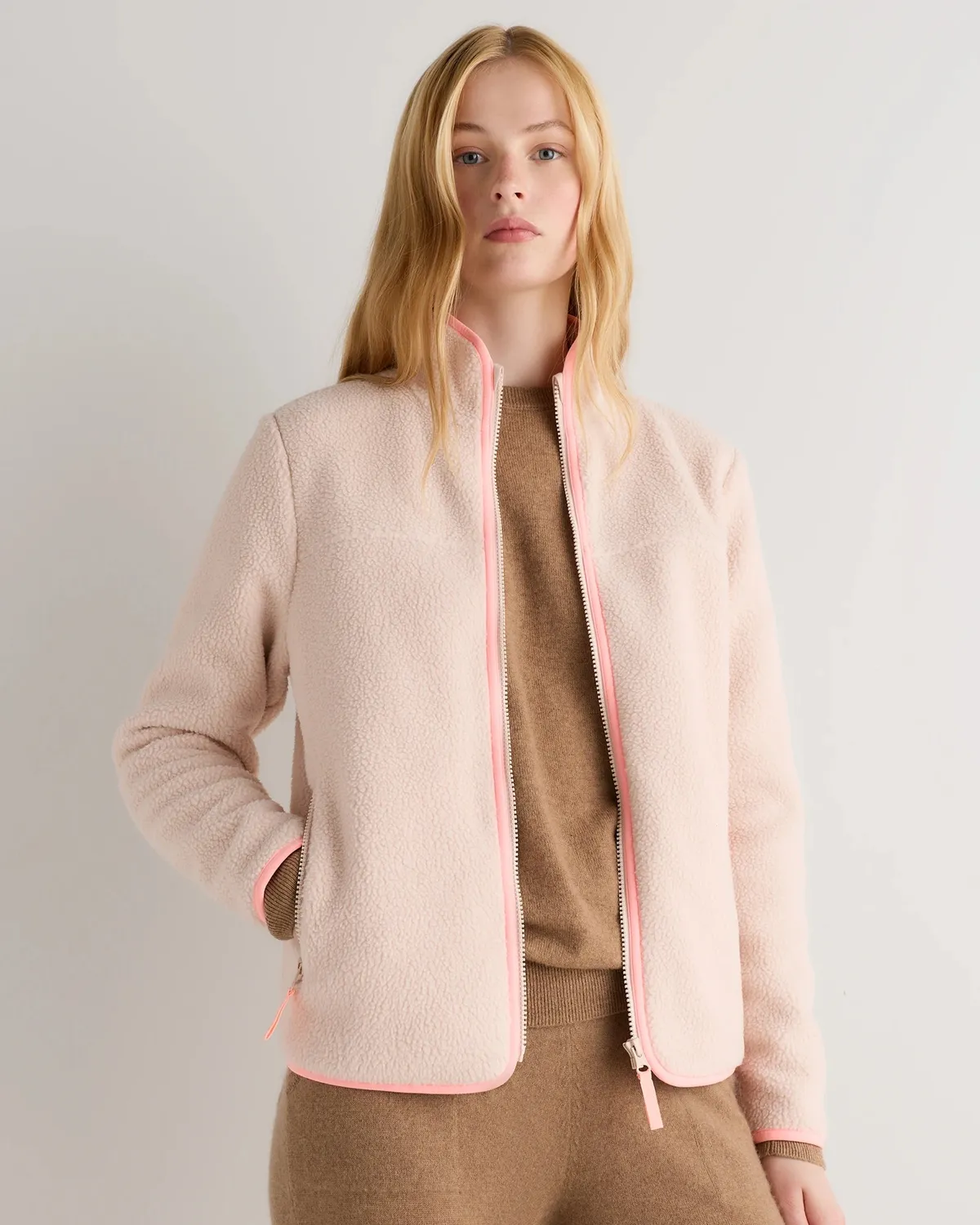 Quince Sherpa Full-Zip Jacket in Pale Pink/Hibiscus