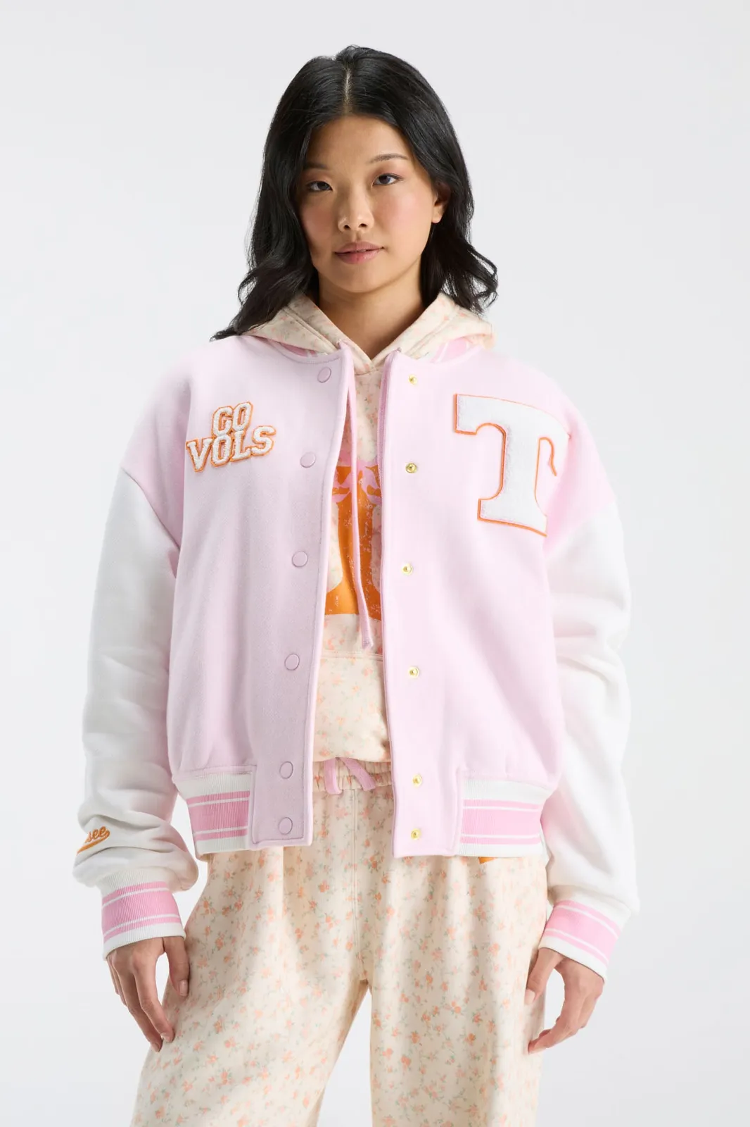 LoveShackFancy Fanatics x LoveShackFancy Collegiate Varsity Jacket in TENNESSEE PINK