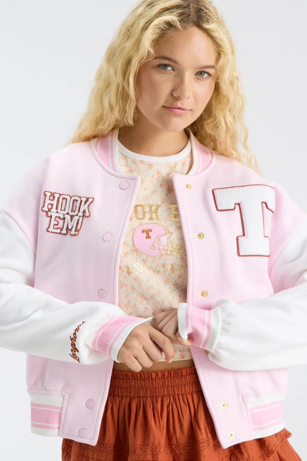 LoveShackFancy Fanatics x LoveShackFancy Collegiate Varsity Jacket in LONGHORN PINK