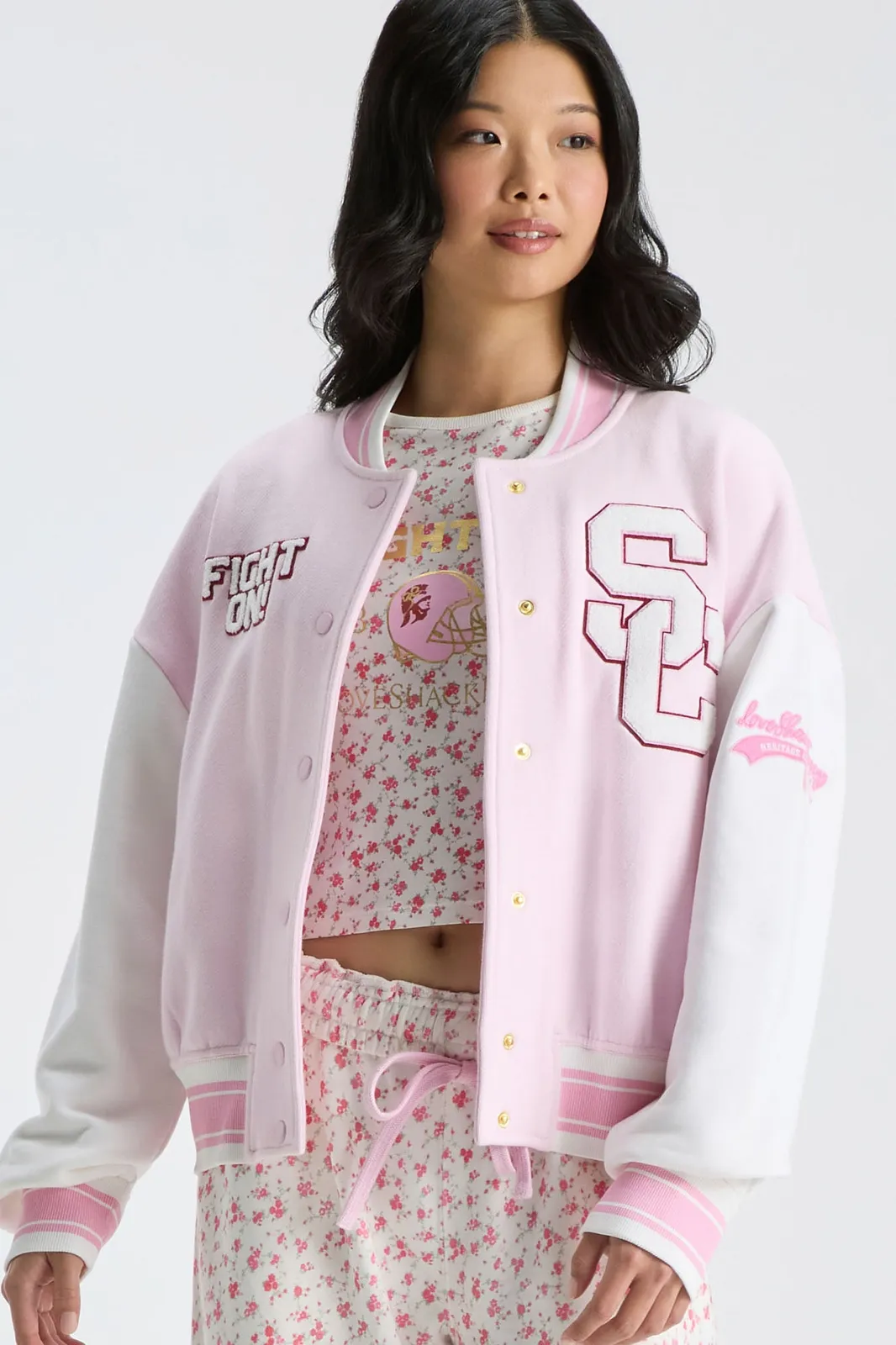 LoveShackFancy Fanatics x LoveShackFancy Collegiate Varsity Jacket in USC PINK