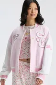 LoveShackFancy Fanatics x LoveShackFancy Collegiate Varsity Jacket in USC PINK