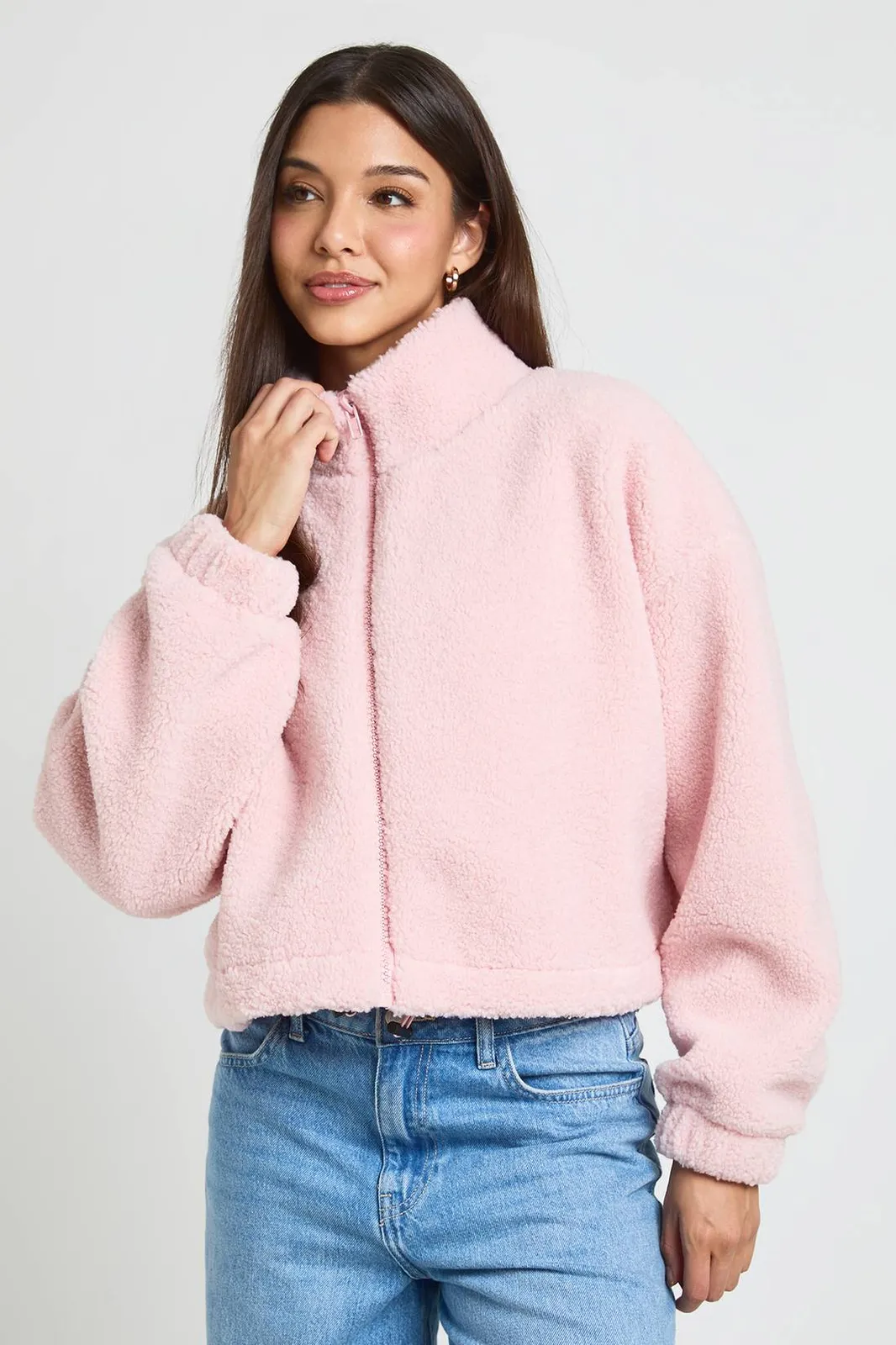 Boohoo High Neck Teddy Jacket in Pink