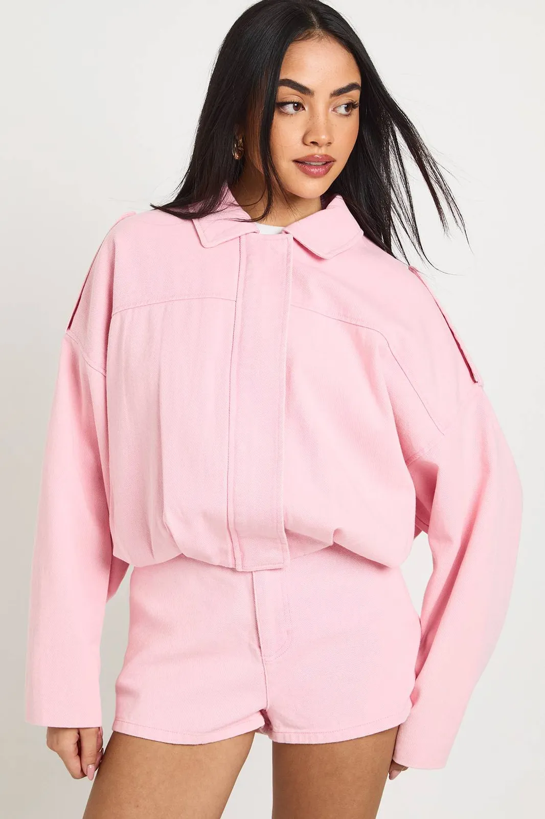 Boohoo Oversized Denim Bomber in Pink