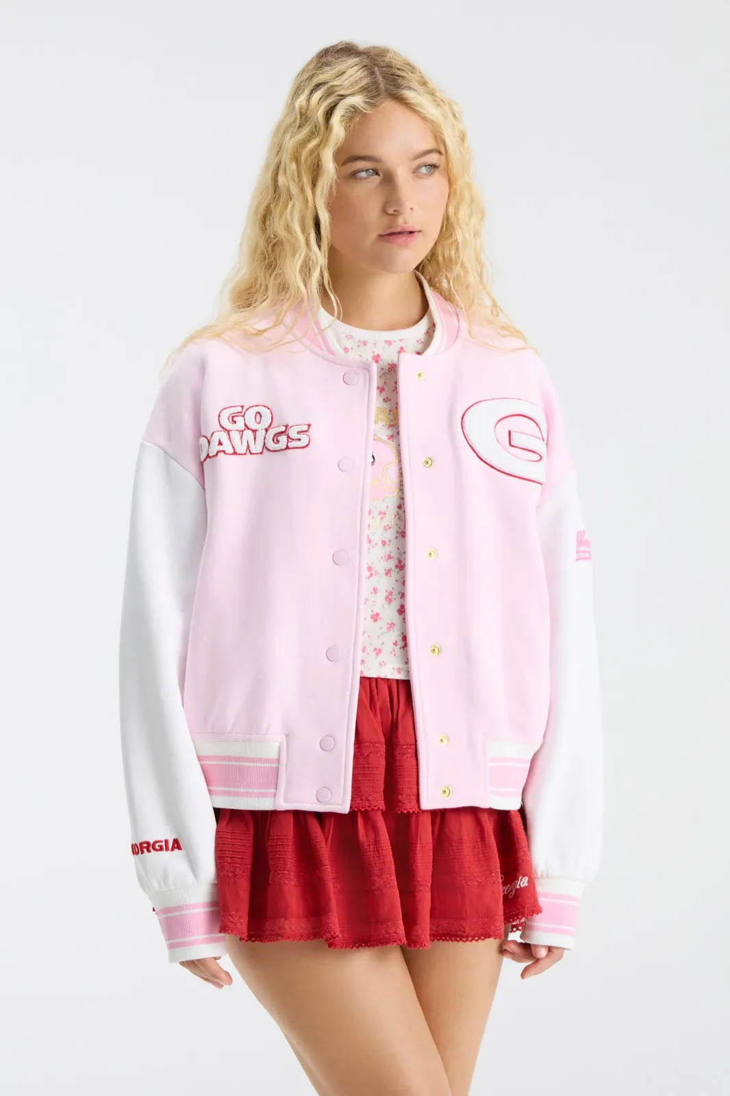 LoveShackFancy Fanatics x LoveShackFancy Collegiate Varsity Jacket in UGA PINK