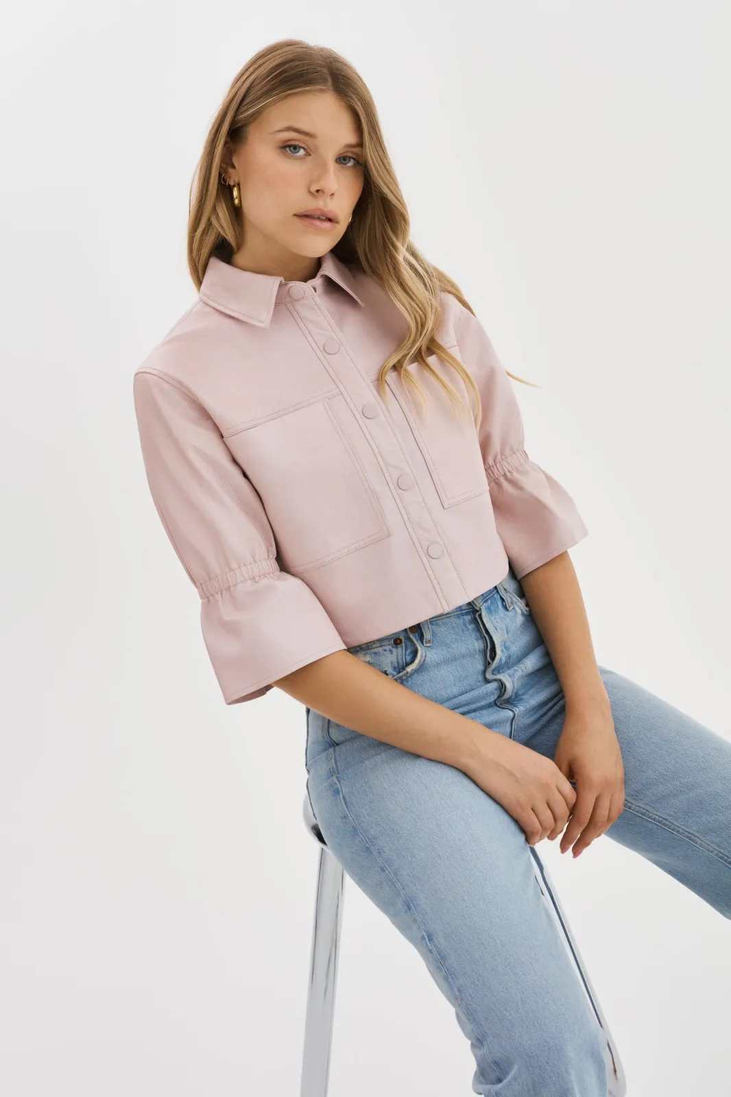 LAMARQUE CAROLINA Ruffle Sleeve Leather Jacket in Rose