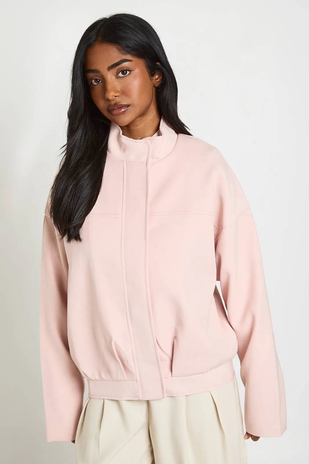 Boohoo Funnel Neck Tailored Bomber in Pink