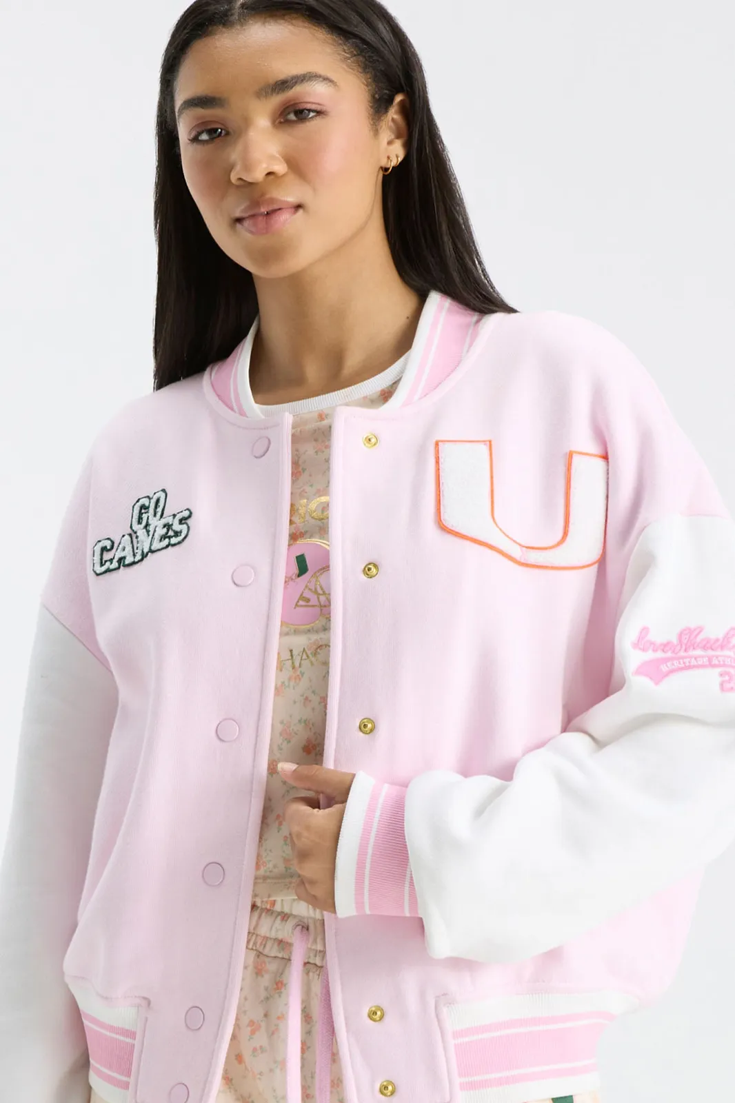 LoveShackFancy Fanatics x LoveShackFancy Collegiate Varsity Jacket in MIAMI PINK