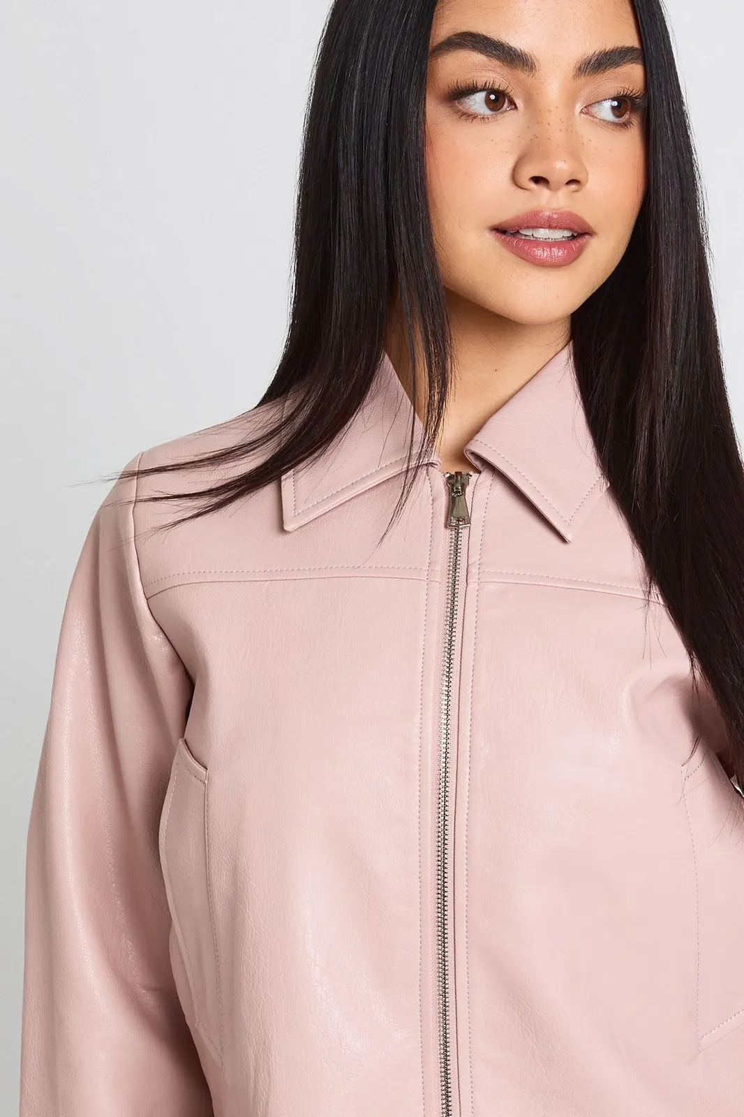 Faux Leather Zip Jacket in Pink