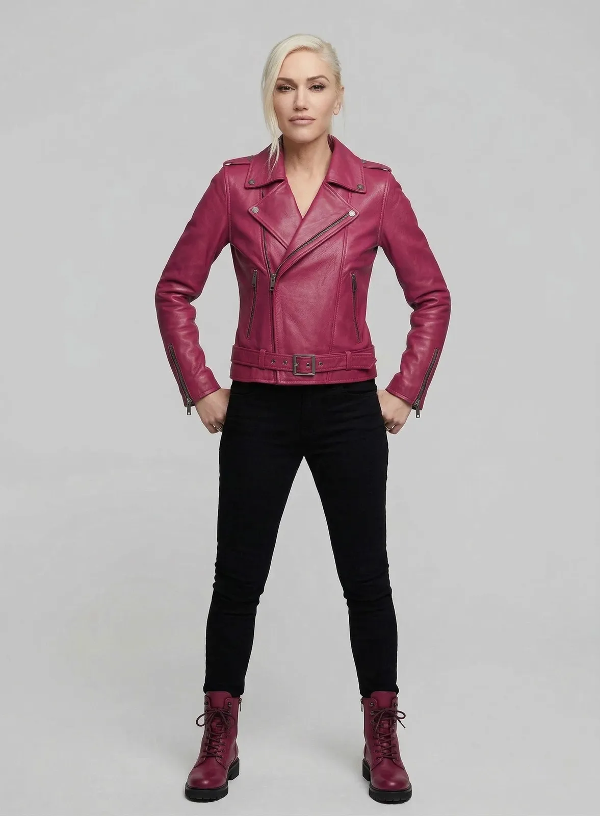 Woman wearing a Gwen Stefani inspired pink leather biker jacket with belt, full-length view