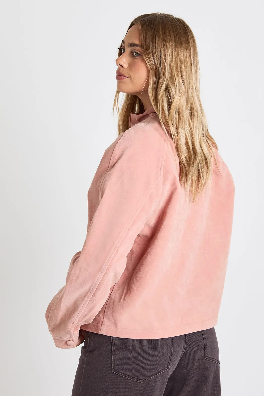 Faux Suede Bomber Jacket in Pink