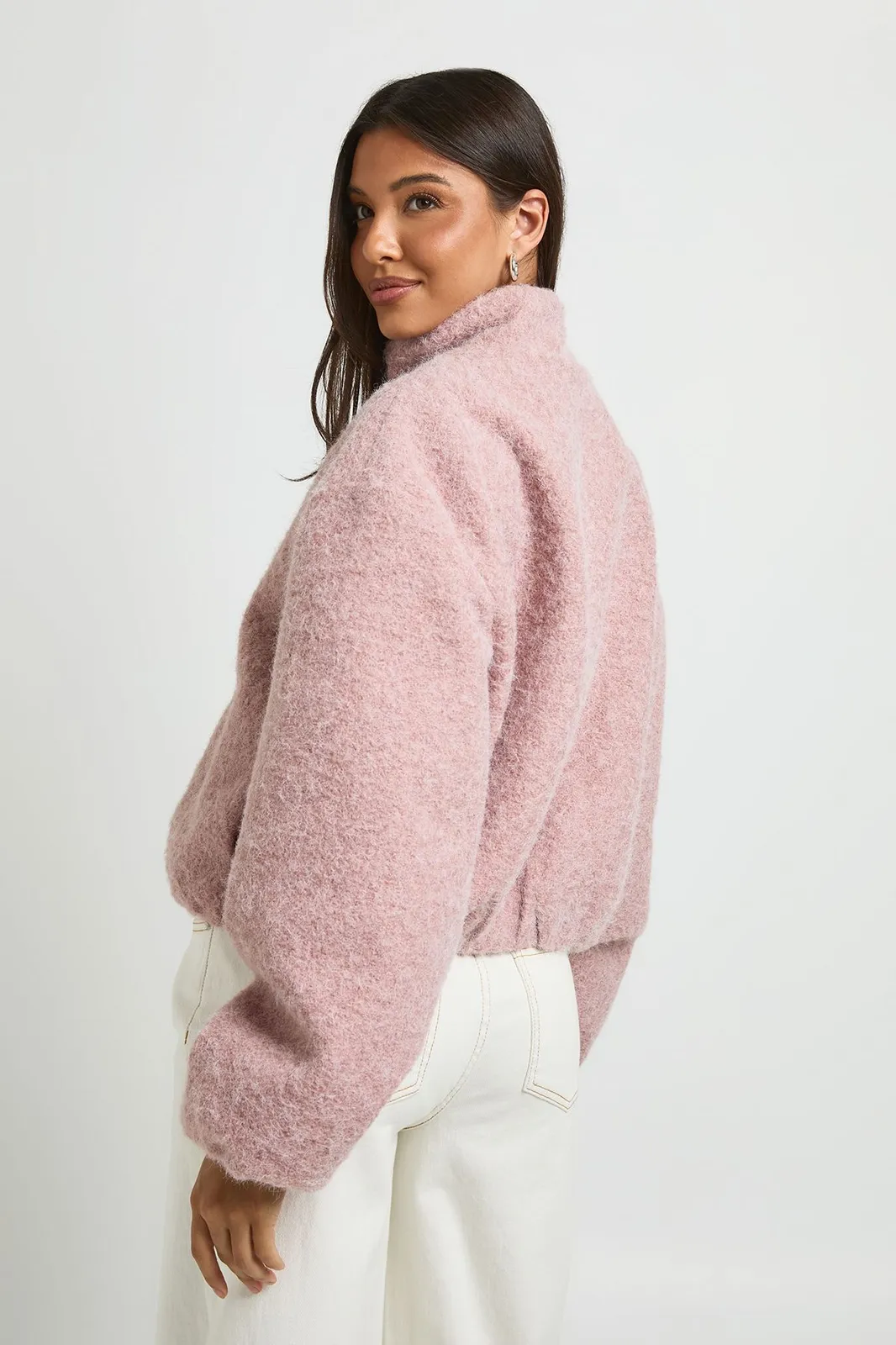 Funnel Neck Wool Look Bomber Jacket in Dusky Pink
