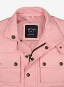 Close-up of light pink leather jacket collar, zipper, snaps and flap pockets
