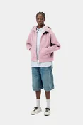 Model wears Women's Hooded Painter Jacket in purple|pink