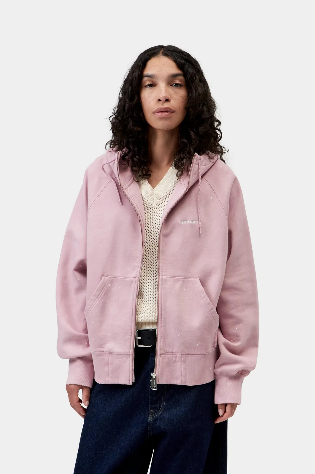 Model wears Women's Hooded Painter Jacket in purple|pink