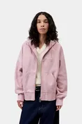 Model wears Women's Hooded Painter Jacket in purple|pink