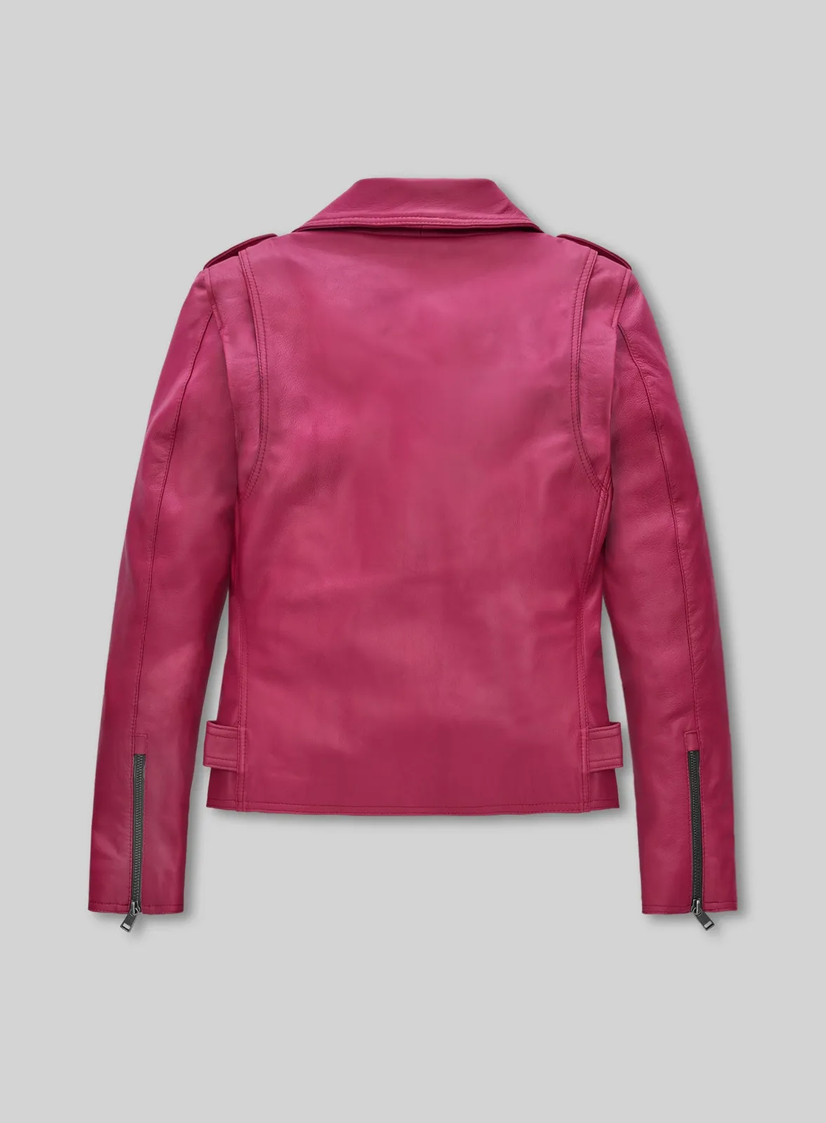 Back view of a pink leather biker jacket with zipped cuffs and side belt tabs