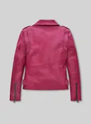 Back view of a pink leather biker jacket with zipped cuffs and side belt tabs