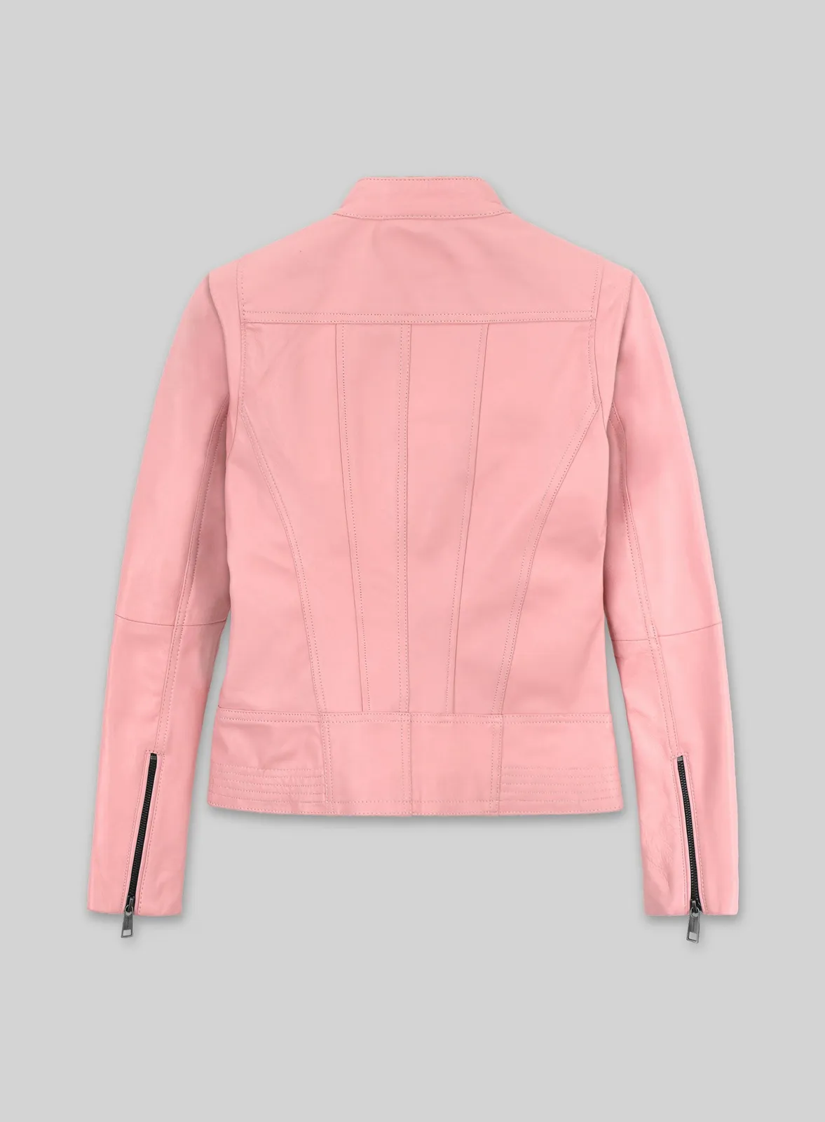 Back view of a women's pink leather jacket with stand collar and zipped cuffs