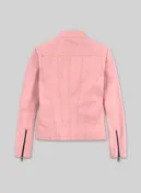 Back view of a women's pink leather jacket with stand collar and zipped cuffs