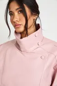 Faux Leather Funnel Neck Jacket in Pink