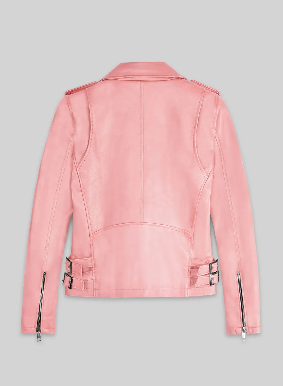 Back view of a pink leather biker jacket with side buckles and zippered sleeve cuffs