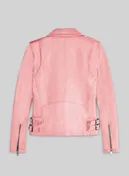 Back view of a pink leather biker jacket with side buckles and zippered sleeve cuffs