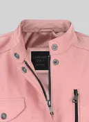 Close-up of stand collar, snaps and zip on a pink leather jacket