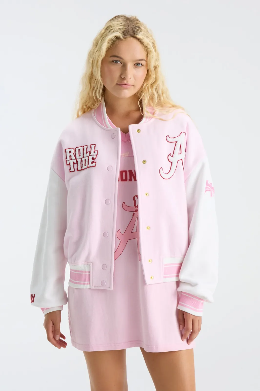 Fanatics x LoveShackFancy Collegiate Varsity Jacket in BAMA PINK