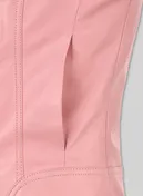 Close-up of side slit pocket and stitched seams on a pink leather jacket