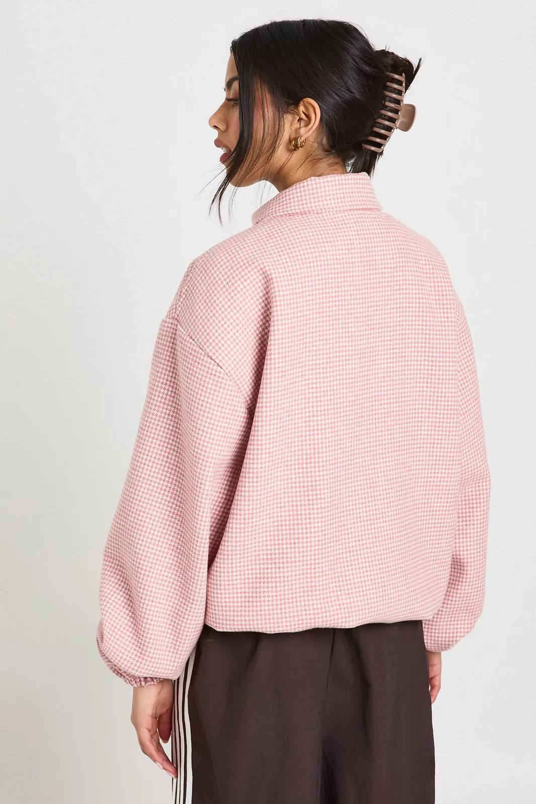 Houndstooth Print Wool Look Bomber Jacket in Pink