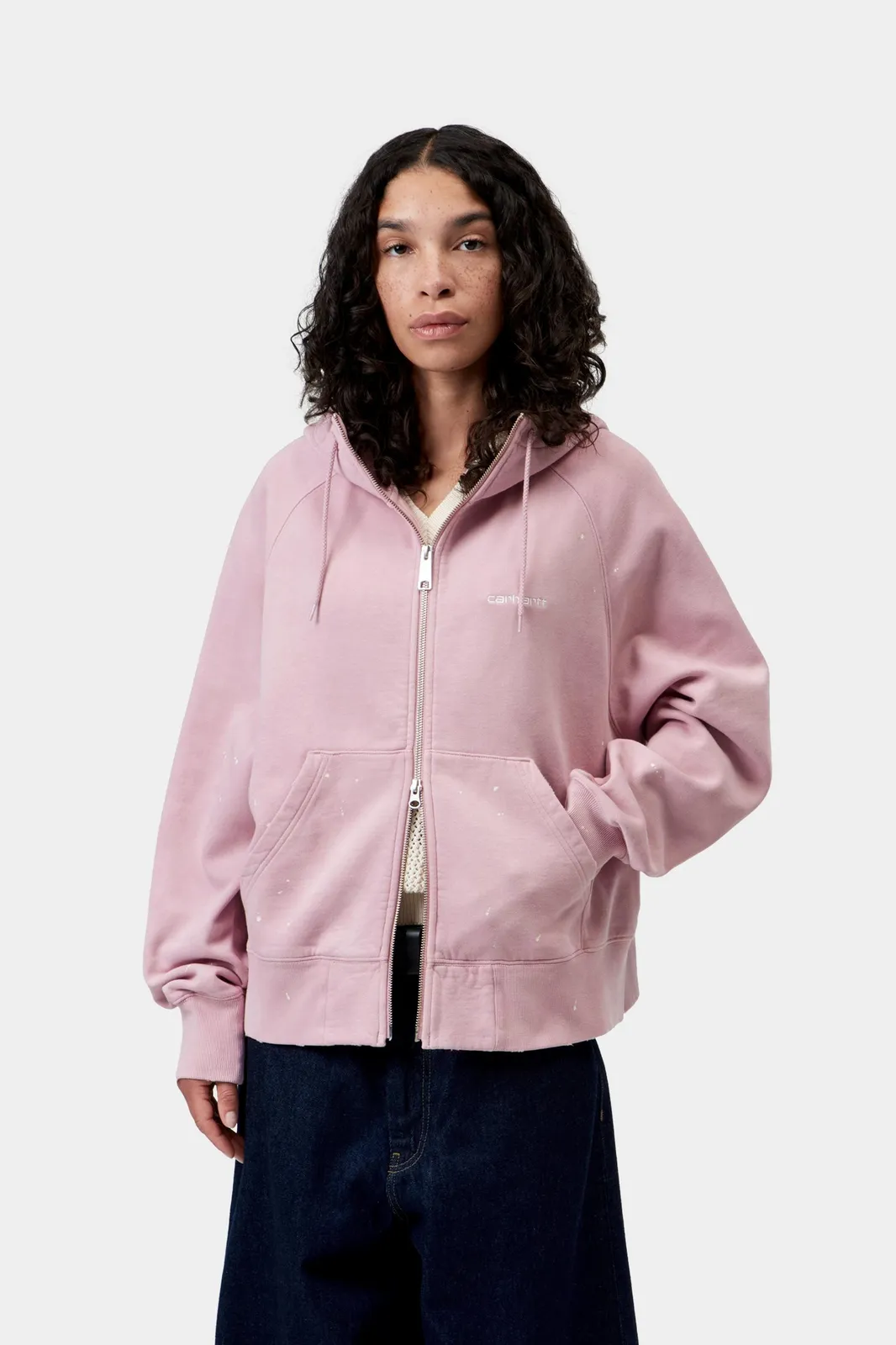 Model wears Women's Hooded Painter Jacket in purple|pink