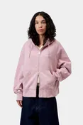 Model wears Women's Hooded Painter Jacket in purple|pink