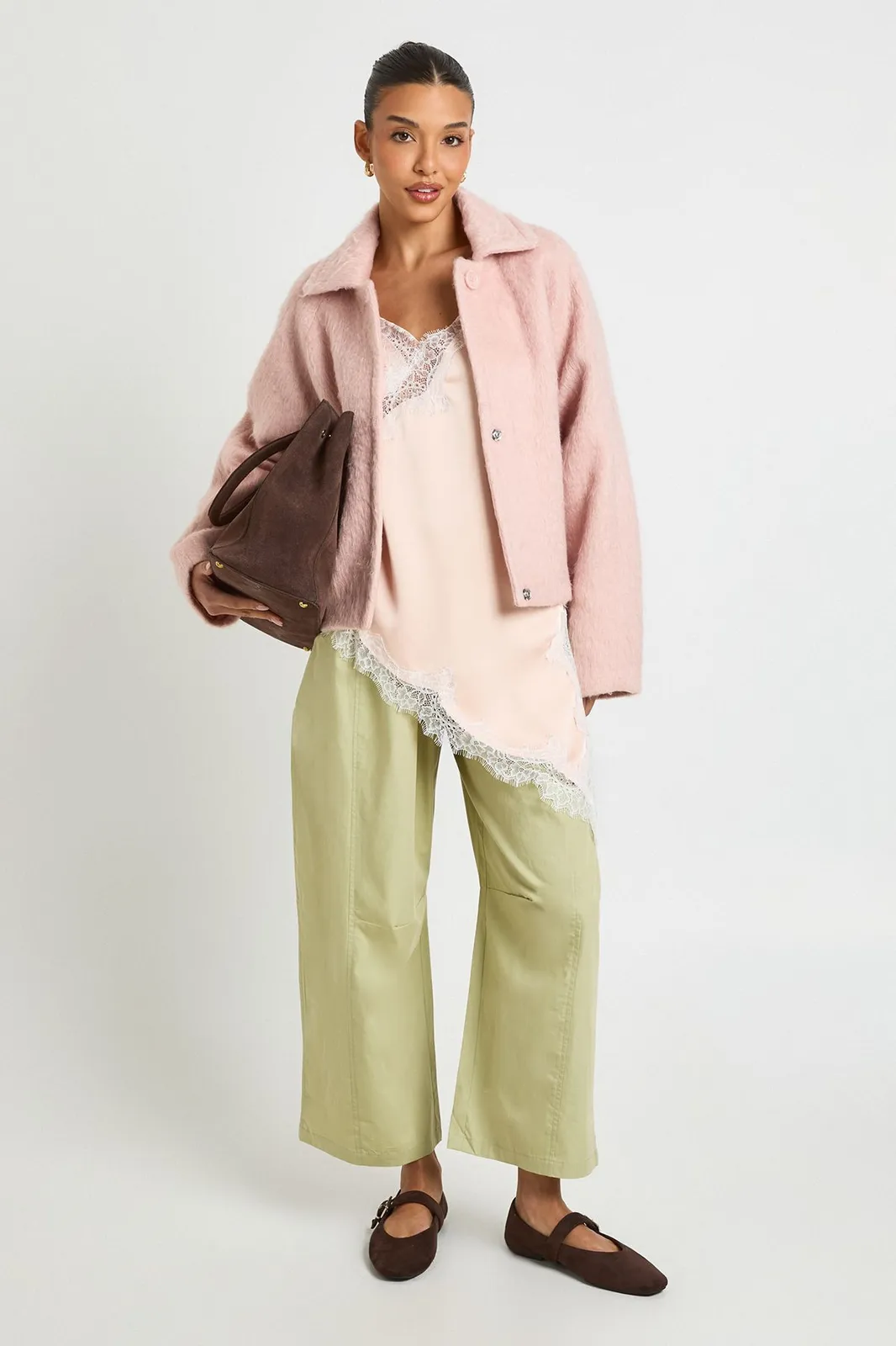 Wool Look Button Up Jacket in Pink