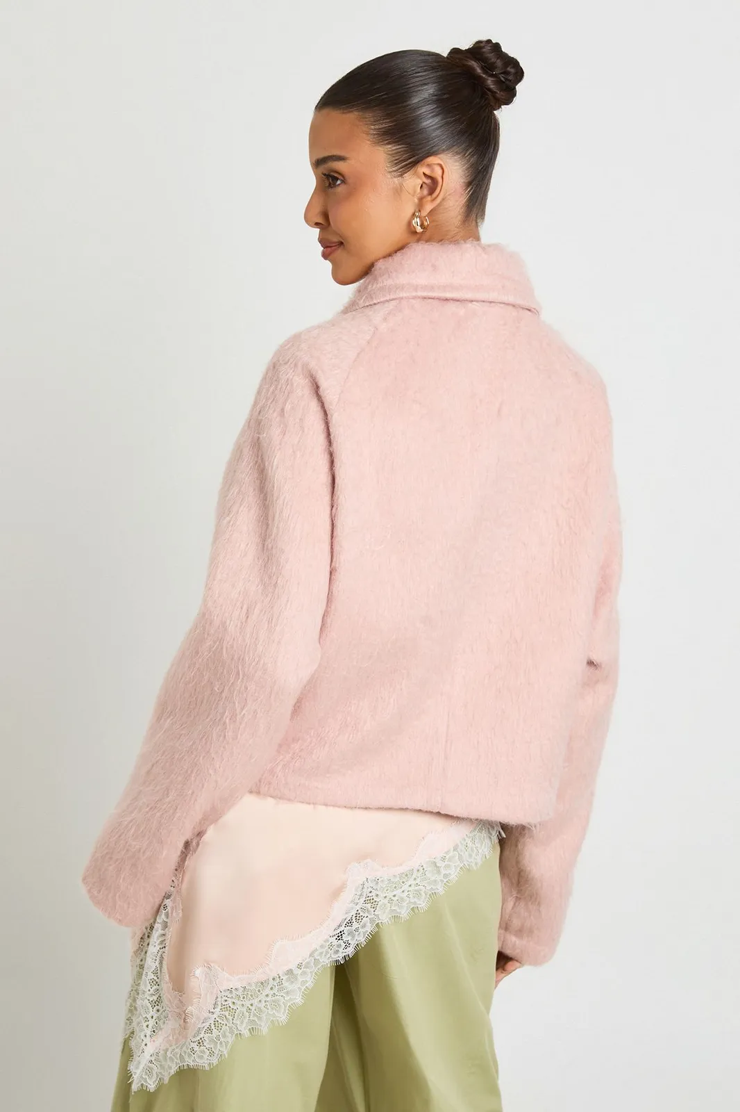 Wool Look Button Up Jacket in Pink