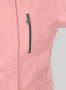 Close-up of vertical zip chest pocket on a pink leather jacket