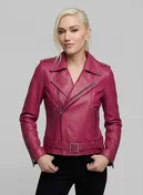 Woman wearing a Gwen Stefani inspired pink leather biker jacket, close view of lapel and belt