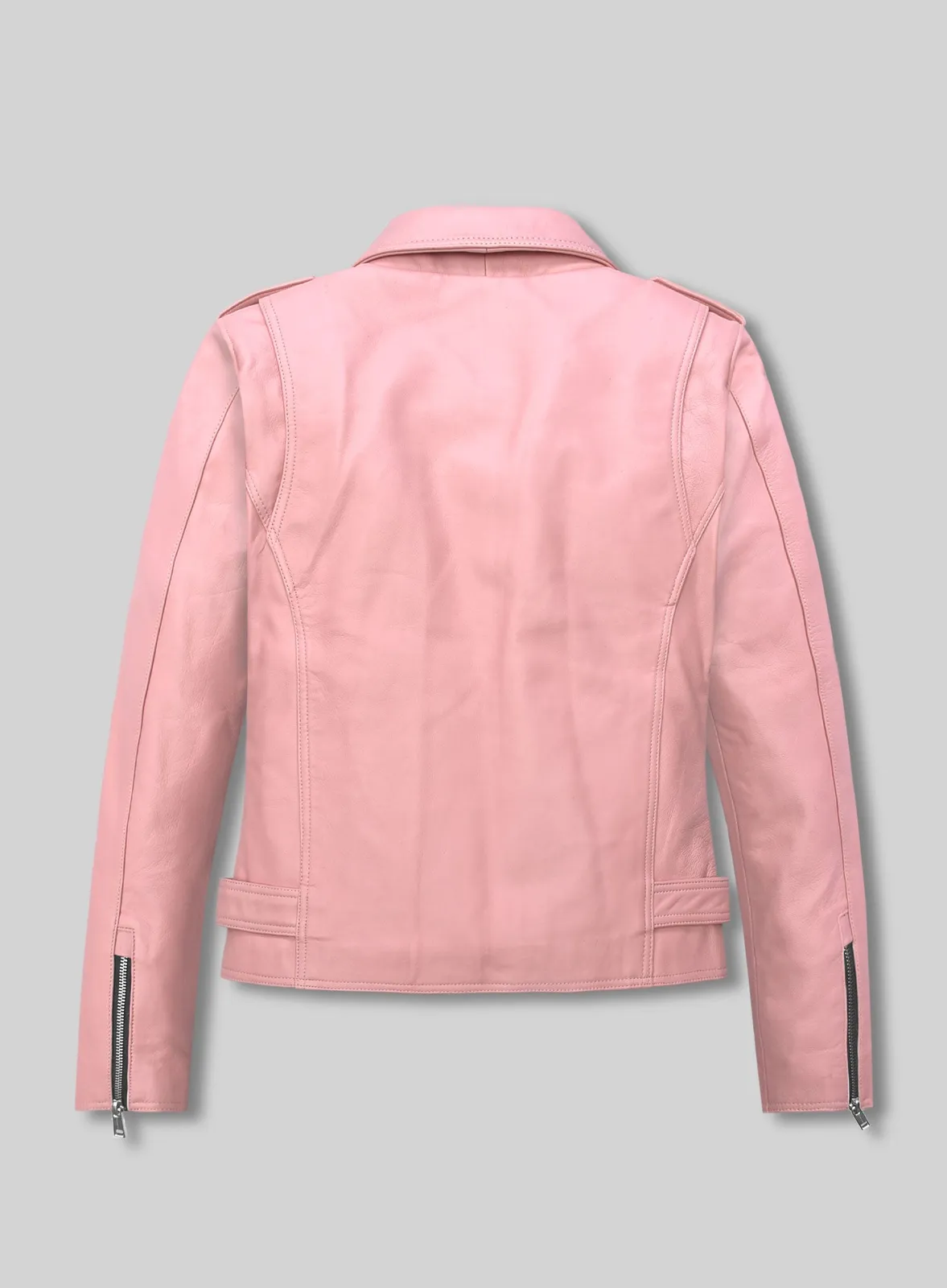 Back view of a light pink leather biker jacket with sleeve zips